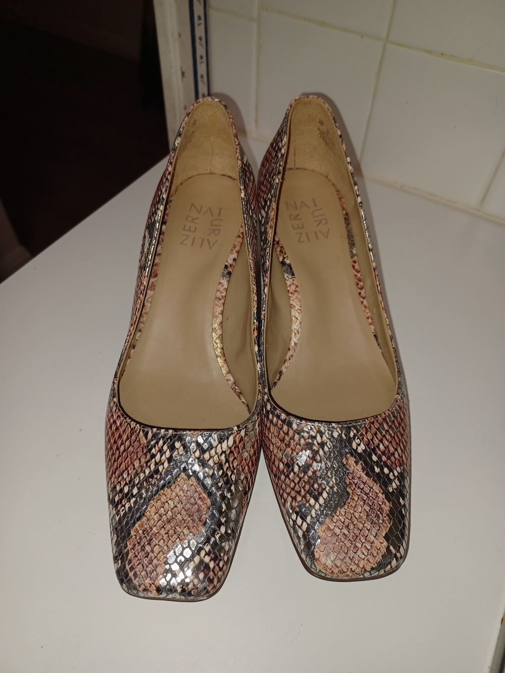 Naturalizer Snake-Print Square-Toe Pumps in Pink and Black